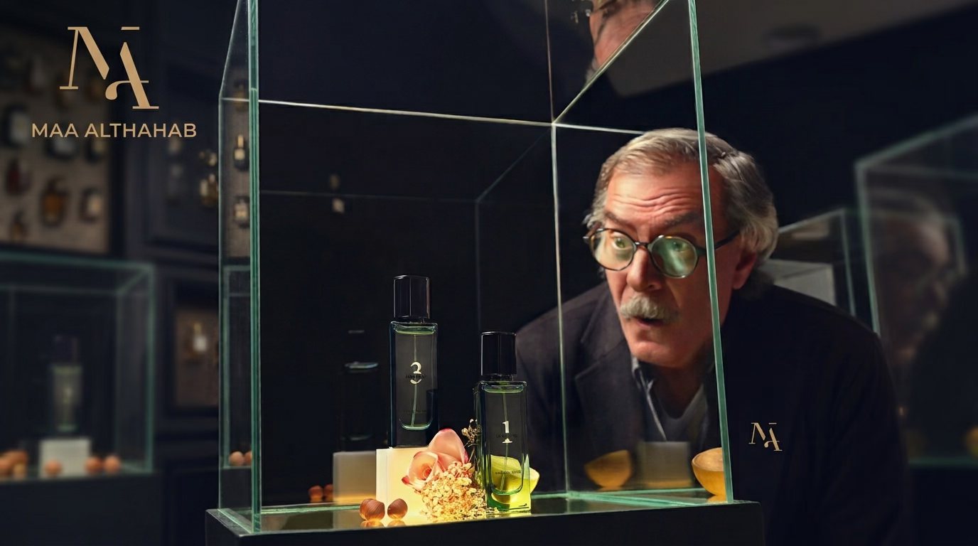 Maa Althahab campaign: a man peering in wonder at numbered fragrance bottles in a glass display case