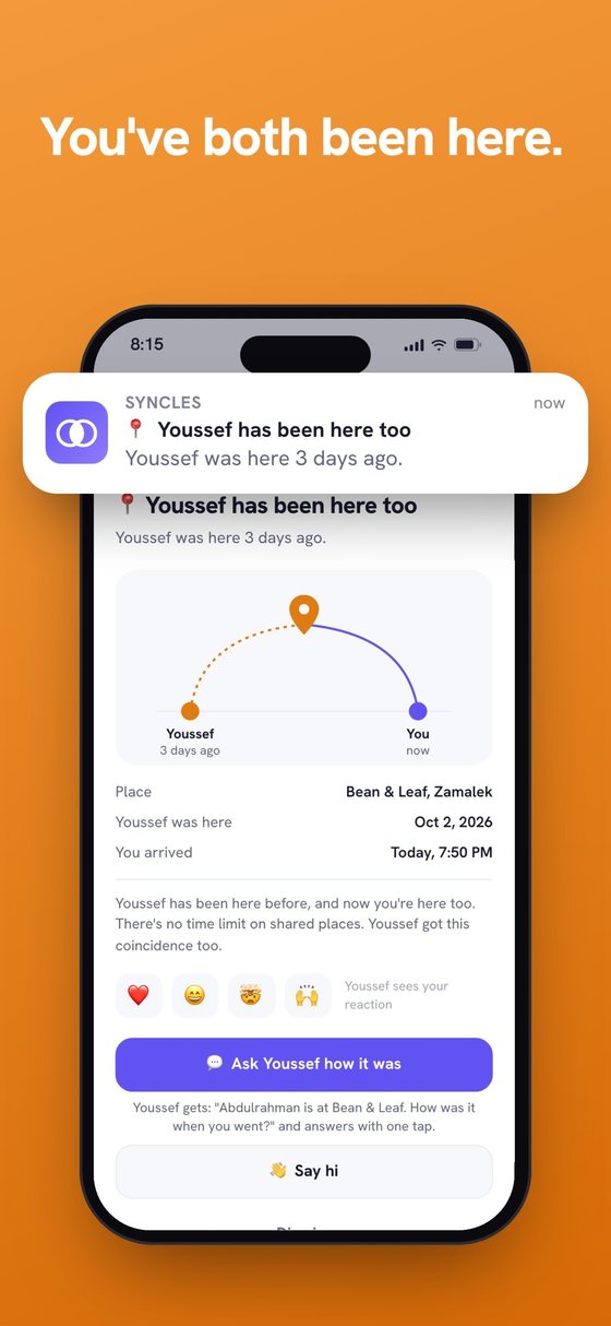 You have both been here: a Syncles shared-place alert for a café a friend visited